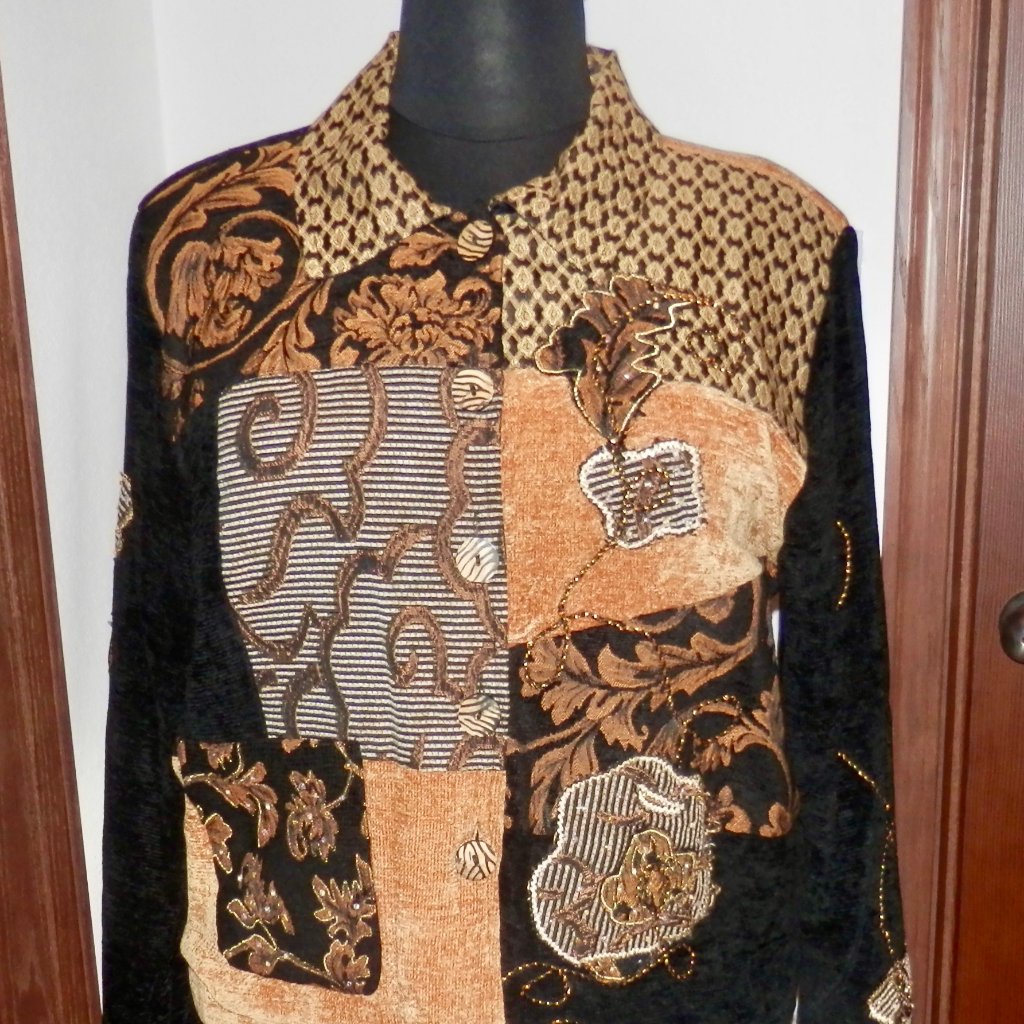 Allure Long Sleeve Button Front Button Jacket * Black And Gold Print * Size Xl *